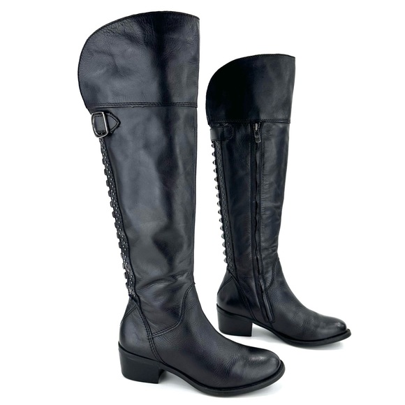 VINCE CAMUTO BOLLO BLACK LEATHER BLOCK HEEL STUDDED OVER-THE-KNEE/KNEE HIGH BOOT - Picture 14 of 14